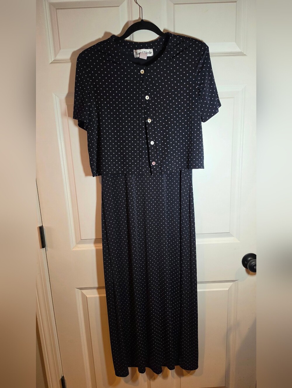 Ronni Nicole By Ouida Vintage Navy Spotted Stretchy Maxi Dress Matching Cardigan